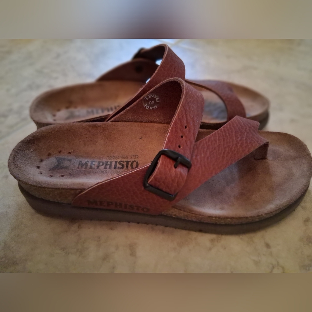 Mephisto Tan Leather Slide Sandals